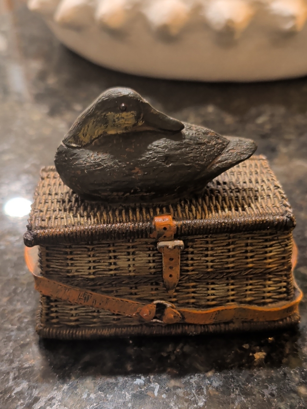 Decorative Trinket Black Duck Bird Figurine on Wicker Jewelry Box